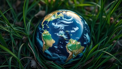 Earth globe nestled in grass and natural elements, symbolizing environmental harmony.