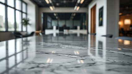 Polished marble tabletop reflecting abstract shapes with a blurred office environment in the background.