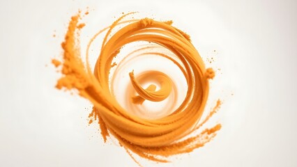 Swirling cinnamon powder vortex on white backdrop, frozen in motion with warm tonal contrast.