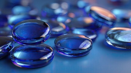 Close-up of many translucent blue glass beads