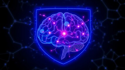 A glowing neuron network forming a protective shield around an abstract brain silhouette with vegetable-shaped constellations.