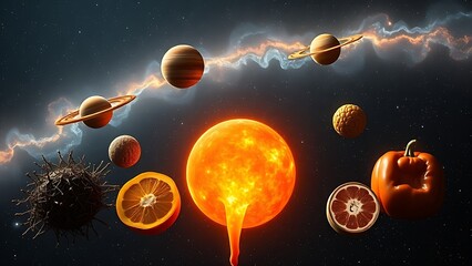 Surreal galaxy of superfood planets with fiber-light trails, visualizing digestive system harmony.