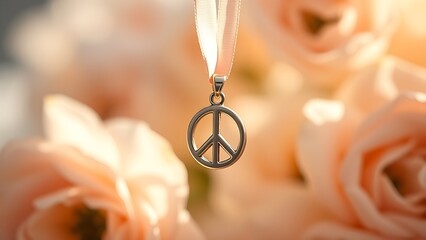Delicate peace pendant on a silk ribbon, harmonizing with pastel floral tones.