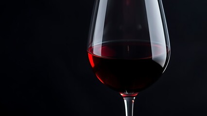 A wine glass filled with deep red liquid, highlighted against a dark background.
