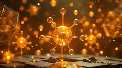 Alchemical still life featuring golden atoms extracted by luminous geometric energy fields, symbolizing transformation.
