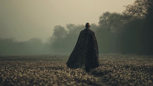 Mysterious cloaked figure in foggy field at dawn. Eerie atmosphere in nature. Dark silhouette on misty rural landscape. Concept of solitude and mystery.