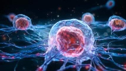 Close-up view of vibrant, glowing cells interconnected with fine filaments, showcasing biological processes in a microscopic environment, ideal for educational and scientific content