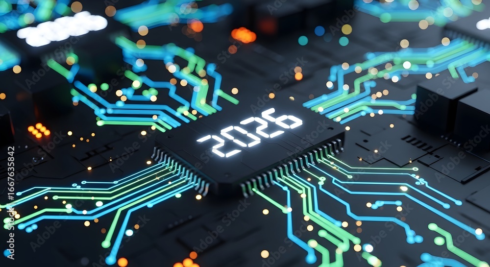 Poster futuristic circuit board with glowing lines and 2026 chip digital technology future ai innovation pr
