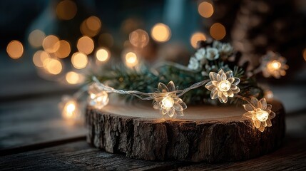 Festive lights and greenery on rustic wood