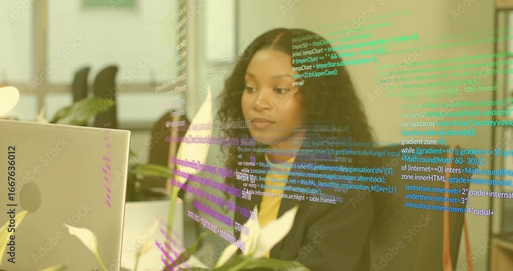 Poster software developer opening laptop, scanning screen for code, lines floating and growing around desk