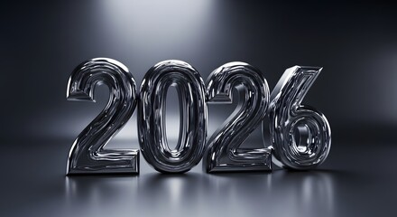 Shiny metallic 2026 numbers on dark studio background new year future celebration elegant glossy silver digital modern