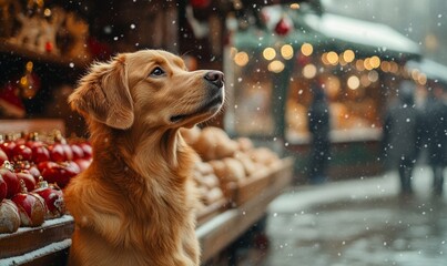 Lonely dog standing in a Christmas market gazing at the festive atmosphere with snow and decorations in the background The image captures the warmth and charm of the winter, Generative AI
