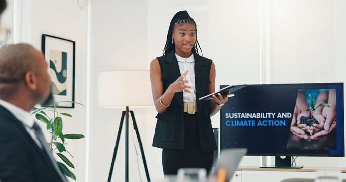 Woman, presentation and tablet for climate change at office for call to action, screen or talk in boardroom. Person, speaker and app with monitor, review and accountability for sustainable business