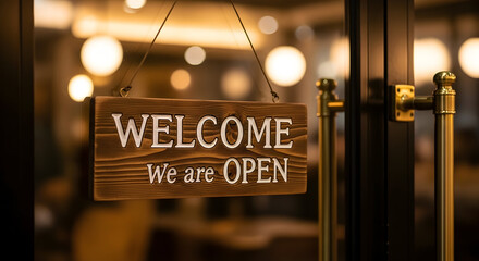 Warmly welcome customers with a rustic wooden "We Are Open" sign on a glass door