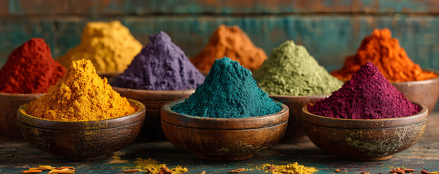 Holi color powder. Organic Gulal colours in bowl forHoli festival, Hindu tradiion festive. Bright vibran pigment closeup