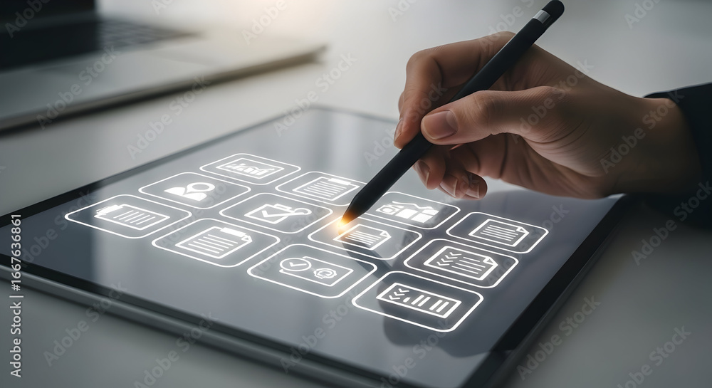Poster person interacting with digital interface on tablet, selecting icons for business tasks and data man