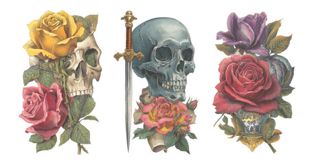 Detailed Skulls with Roses Art Set on Transparent Background