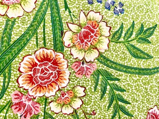 Beautiful traditional Indonesian batik fabric with abstract, floral and leaf motifs from Solo,...