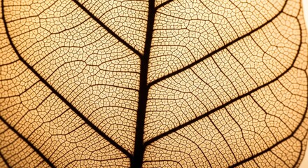 Obraz premium Macro view of a translucent leaf vein structure with warm golden backlighting