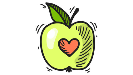 Cute Apple with Heart Doodle Illustration on Black Background
