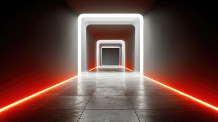Glowing neon corridor with receding square portals