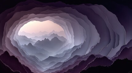 Layered mountain landscape within a cave-like structure