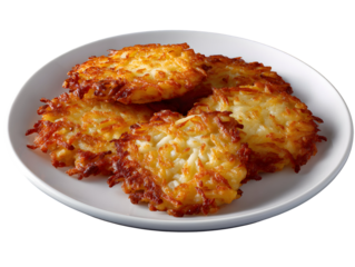 A plate of golden-fried potato pancakes (latkes) with crispy shredded edges. A classic, savory, and isolated side dish perfect for breakfast or holiday menus.