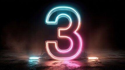 Glowing neon number three on dark floor (1)
