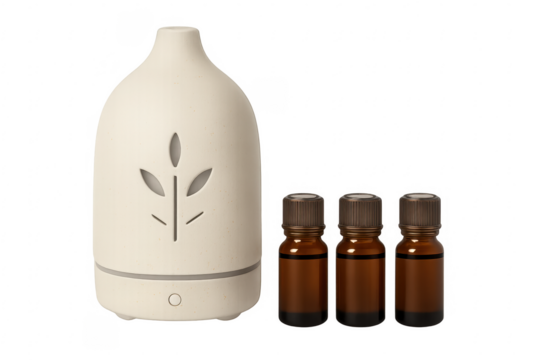 White aroma diffuser with essential oil bottles on transparent background