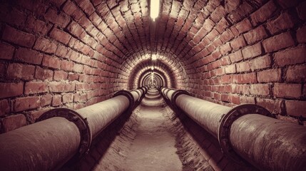 Brick tunnel, pipes, perspective