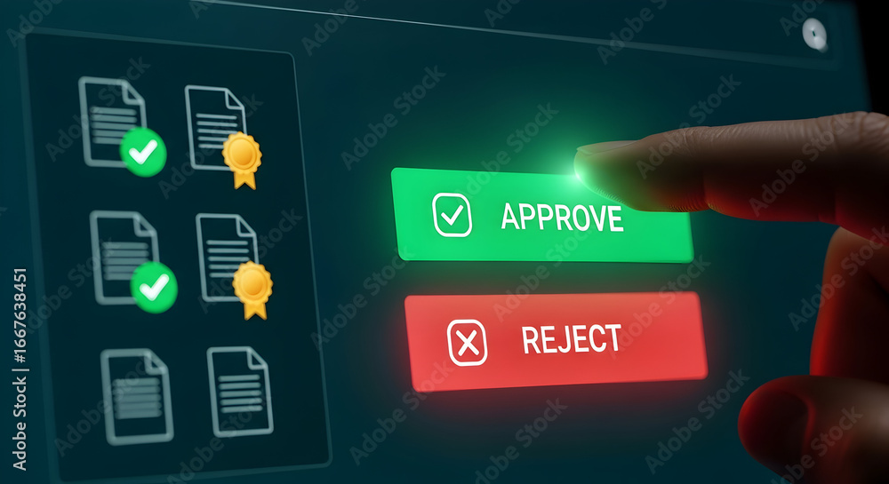 Poster finger selects approve button on digital screen with document icons and approval badges