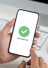 Close-up of a user holding a mobile phone with a green checkmark confirming successful login approval, symbolizing online security and two-factor authentication