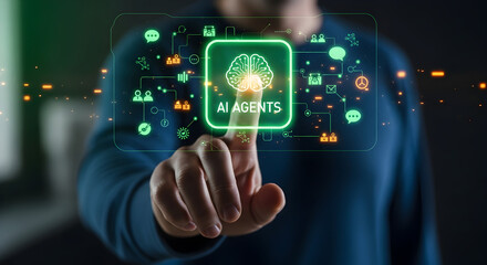 Futuristic AI agents interface, a person's finger interacting with digital intelligence network, innovation.