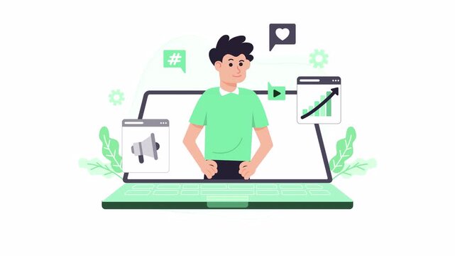 Digital marketing animation vector graphs and media trends on his laptop screen. Suitable for business presentations.