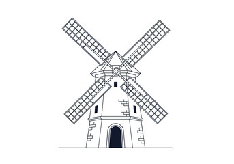 Historic european windmill structure featuring four sails generating renewable energy power for local agriculture and rural communities