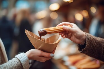 A tempting churro is being dipped in rich chocolate sauce creating a delightful snack moment at a bustling market