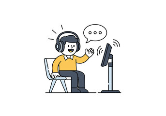 Man wearing headphones interacting with a computer monitor receiving audio input