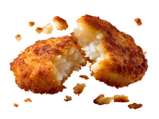 A crispy hash brown patty broken open to reveal a gooey, melted cheese pull. An irresistible, isolated shot for a decadent breakfast side or appetizer.