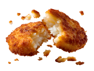 A crispy hash brown patty broken open to reveal a gooey, melted cheese pull. An irresistible, isolated shot for a decadent breakfast side or appetizer.