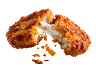 A crispy hash brown patty broken open to reveal a gooey, melted cheese pull. An irresistible, isolated shot for a decadent breakfast side or appetizer.