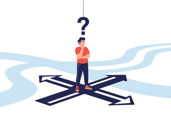 Man standing at a crossroads considering multiple directional choices and future paths