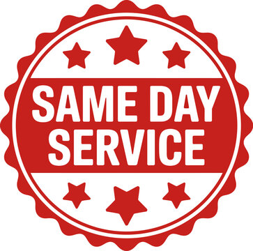 Red and white circular stamp emblem with same day service text