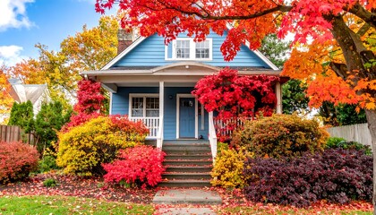 Quaint Blue House Bathed in the Vibrant Hues of a Colorful Autumn Season