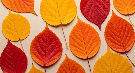 Obraz premium Vibrant autumn leaves in shades of orange, red, and yellow on a light beige background, showcasing a colorful flat lay composition.