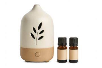 Modern electric essential oil diffuser with two bottles on transparent background