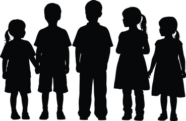 Children holding hands silhouette, unity and friendship, black and white art, casual clothing, outdoor scene, emotional bond, group connection