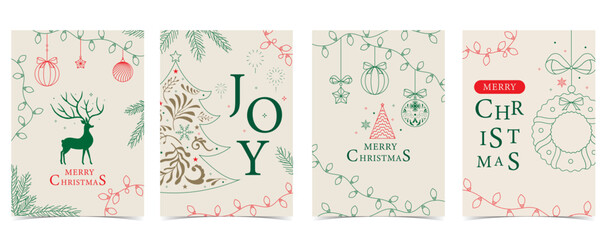 Minimal art deco with christmas tree, reindeer,wreath outline.vector illustration for Christmas party invitation card, postcard, menu ,print, social media template