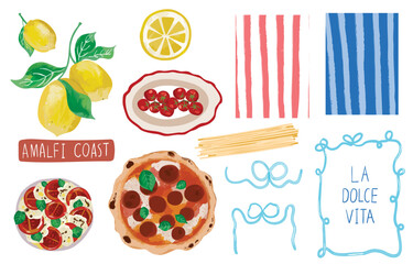 Watercolor margherita pizza,salad bowl,yellow stripe,blue stripe element.vector illustration for food poster,menu in italian design.la dolce vita translation is the good life