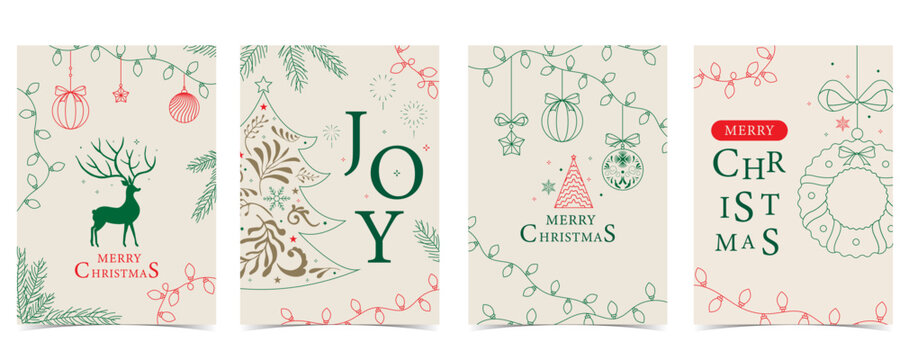 Minimal art deco with christmas tree, reindeer,wreath outline.vector illustration for Christmas party invitation card, postcard, menu ,print, social media template