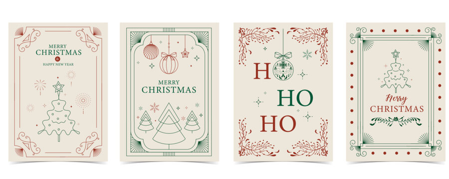 Naklejki Minimal art deco with christmas tree,ho ho ho,baubles outline.vector illustration for Christmas party invitation card, postcard, menu ,print, social media template
